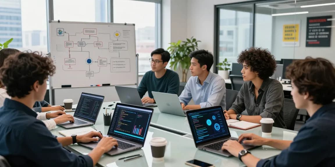 Blockchain 2026 professionals collaborating in an innovative workspace, showcasing analytics and architecture designs