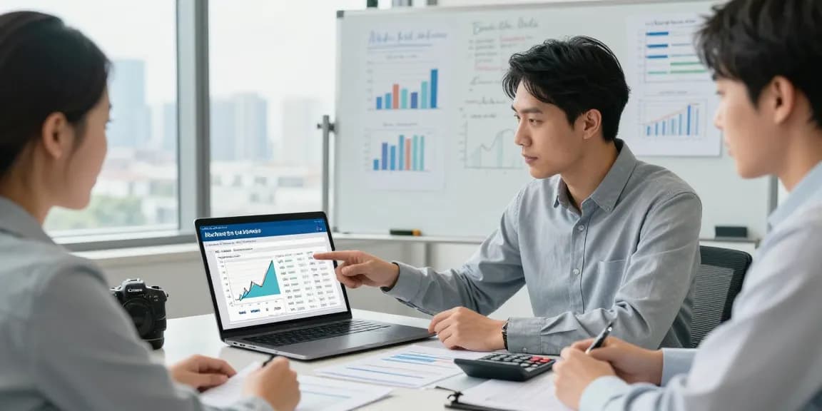 Using a merchant cash advance calculator in a financial consultation within a modern office environment.