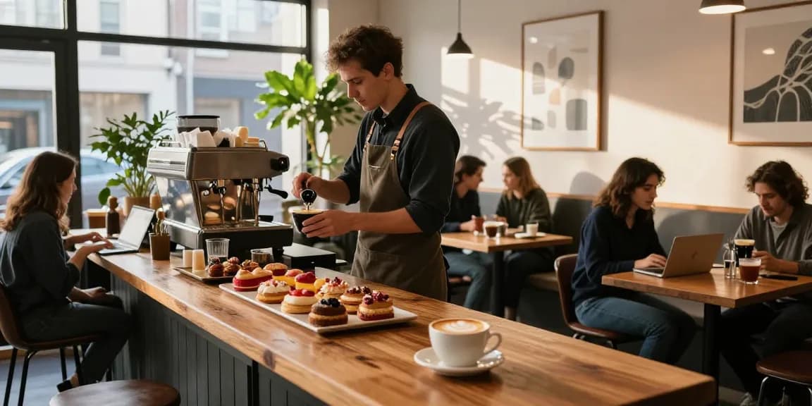 Urban cafe scene with barista preparing nsfw-themed artisanal coffee, customers enjoying drinks in trendy setting.