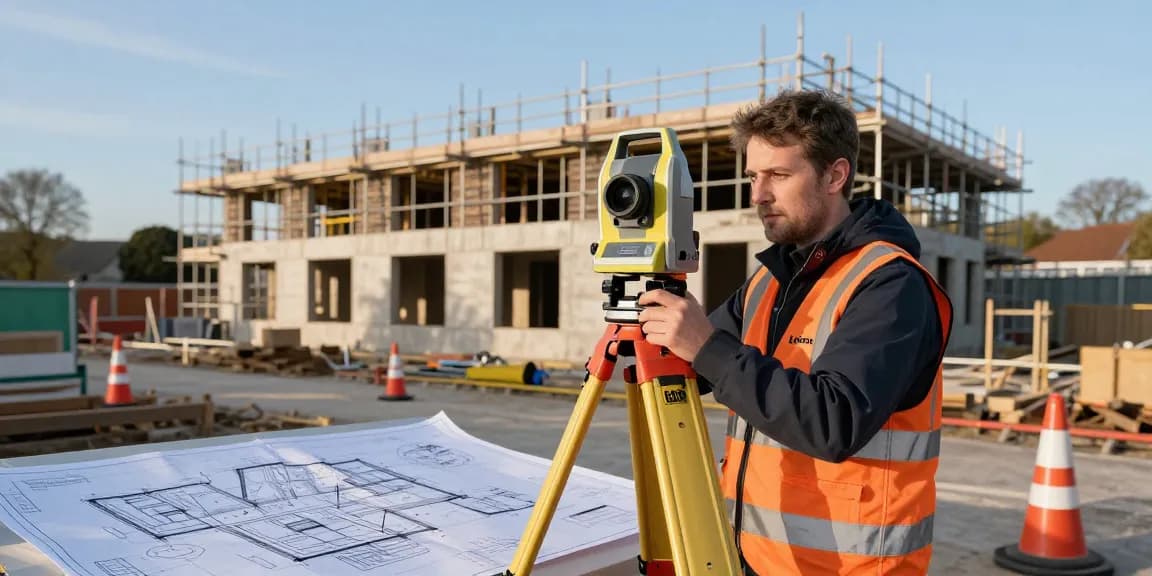 Measured Building Surveys Essex with land surveyor using laser scanner on construction site.