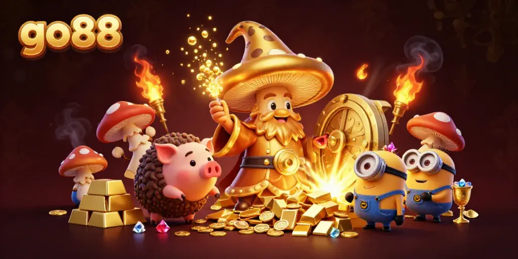 Experience the magic of go88 with a vibrant 3D illustration showcasing a golden mushroom wizard and treasures in a casino.