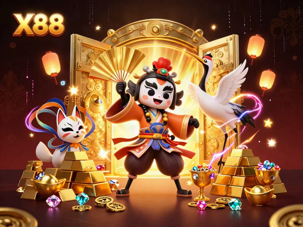X88 showcases an energetic casino scene with kabuki and kitsune elements amid treasures and vibrant effects.