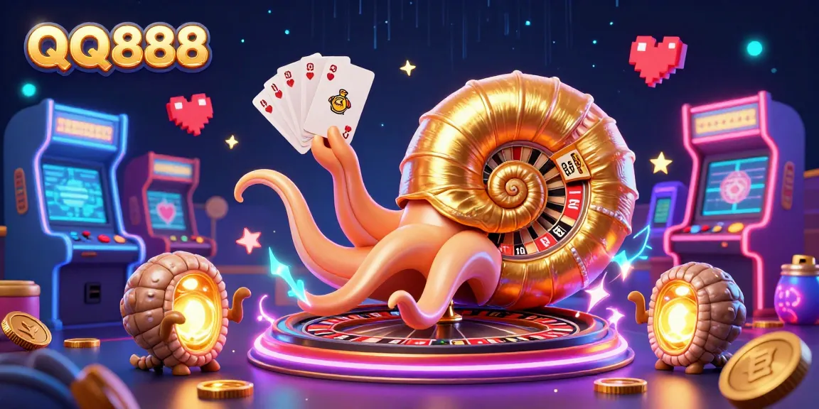 Engage with exciting QQ888 casino games featuring a vibrant 3D illustration of a nautilus roulette wheel and glowing game machines.