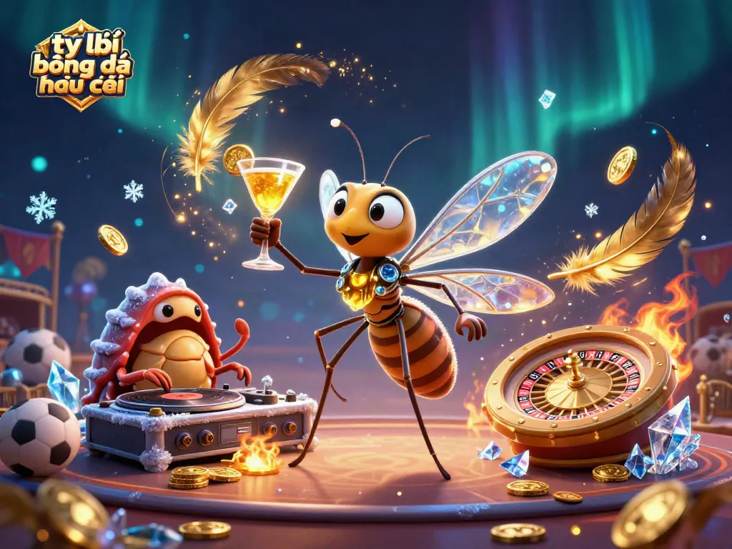 Experience tỷ lệ bóng đá nhà cái with a vibrant casino scene featuring a joyful mascot, DJ, and roulette.