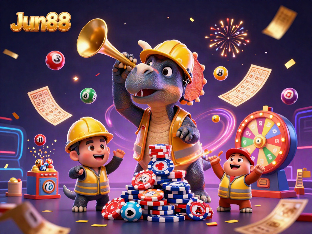 Jun88 celebrates with dynamic lottery elements in a festive casino scene.