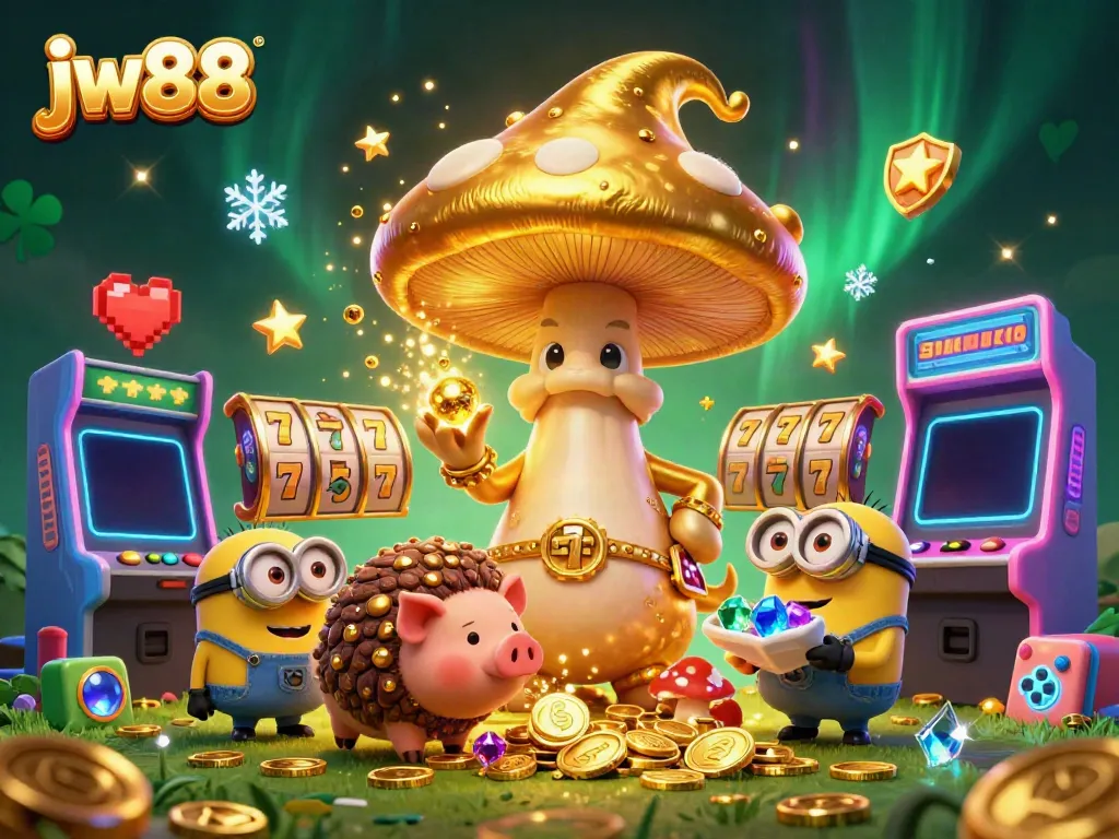 Experience jw88's magical games with a golden wizard and treasure-hunting pig in this engaging casino scene.