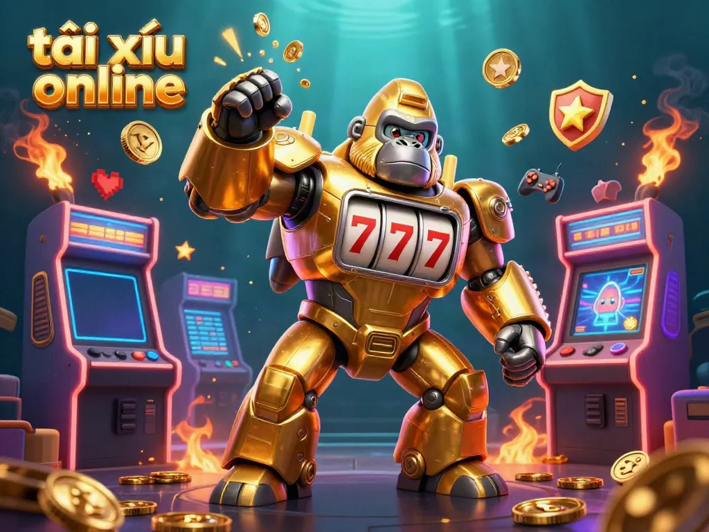 Engage in tài xỉu online with a dynamic scene featuring golden gorilla mech and casino elements.