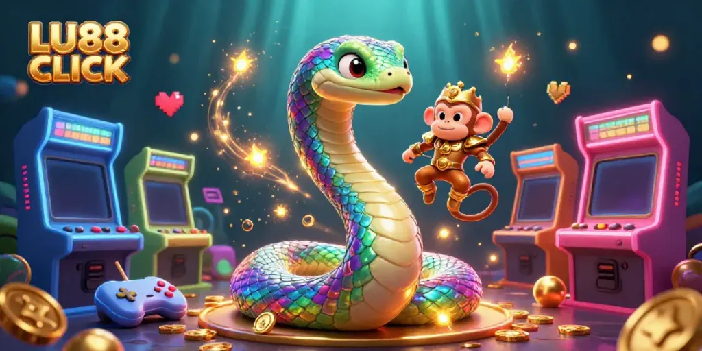 Experience the excitement of LU88 CLICK with a vibrant, magical casino scene featuring playful characters and rich details.