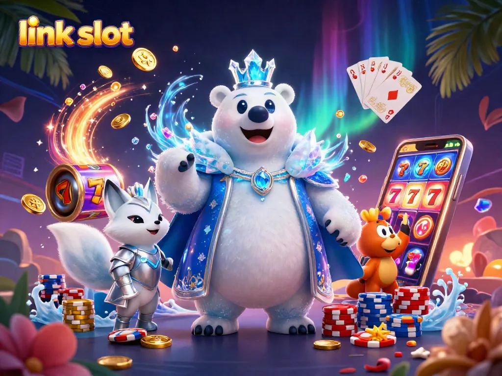 Play exciting games at link slot with captivating visuals of ice king, snow fox, and dynamic slot elements.