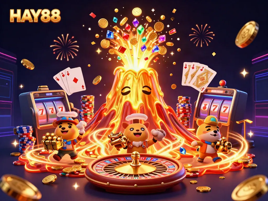 Experience thrilling wins at HAY88 with a vibrant eruption of golden treasures and animated casino elements.