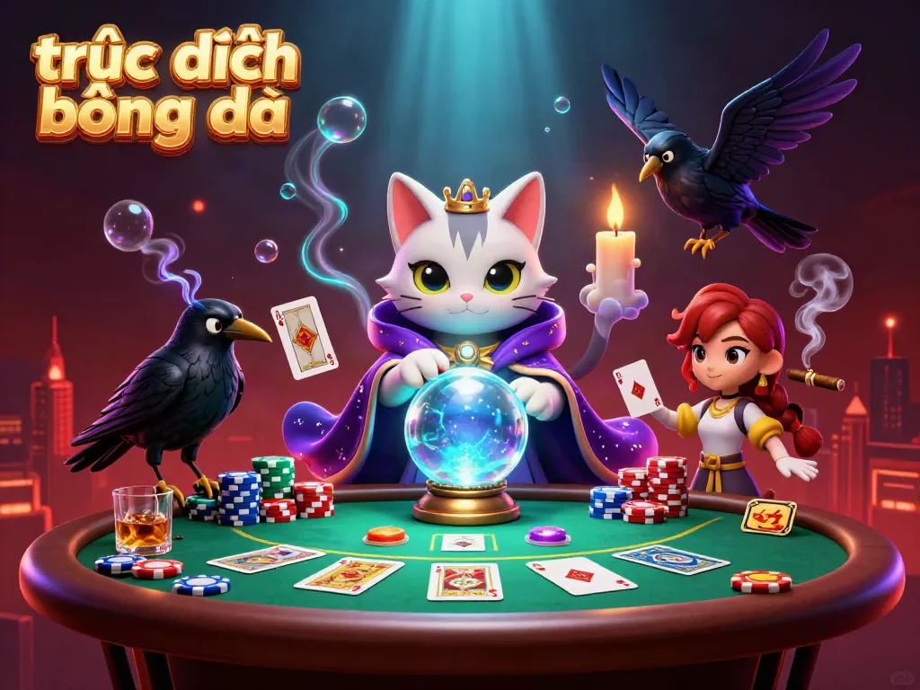 Engage with trực tiếp bóng đá in an enchanting casino scene featuring a mystic cat and a tarot raven.