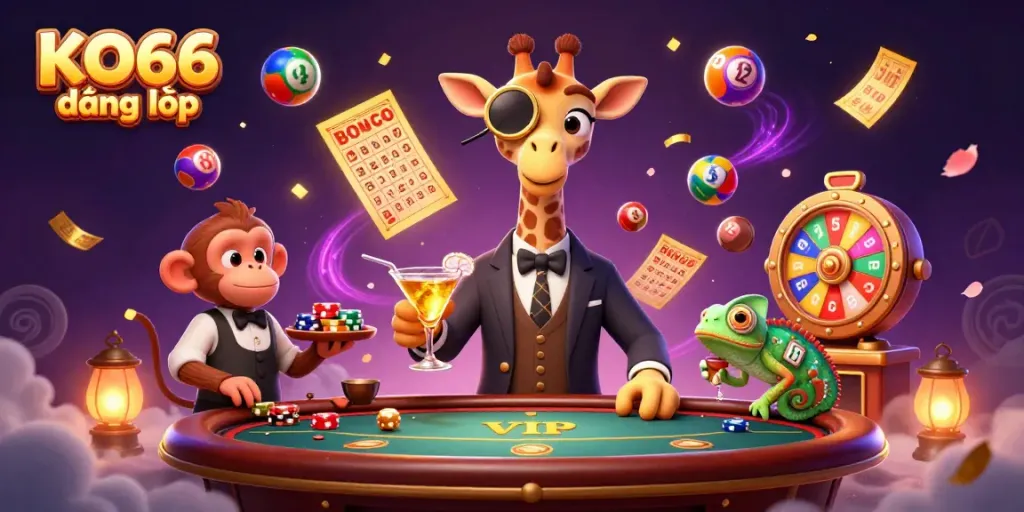 Experience the excitement of KO66 đăng nhập with a vivid casino scene featuring a giraffe and monkey, rich in colorful elements.
