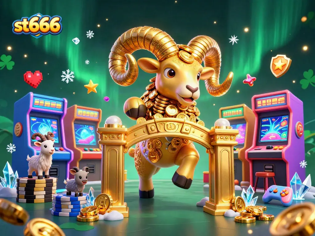 Experience st666 at a vibrant casino with golden ram, arcade games, and dynamic energy.