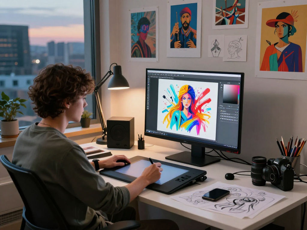 Artist working on NSFW AI digital art in a modern creative workspace.
