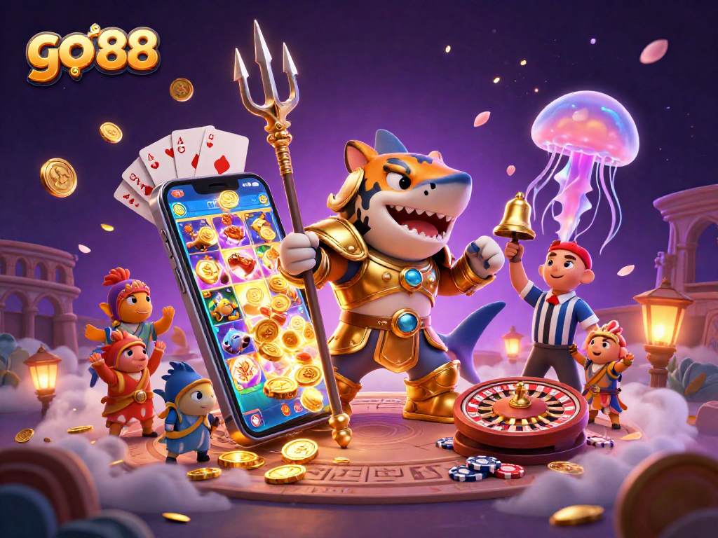 Engage with go 88 at a vibrant underwater casino, featuring a tiger shark in gladiator armor and immersive slot action.