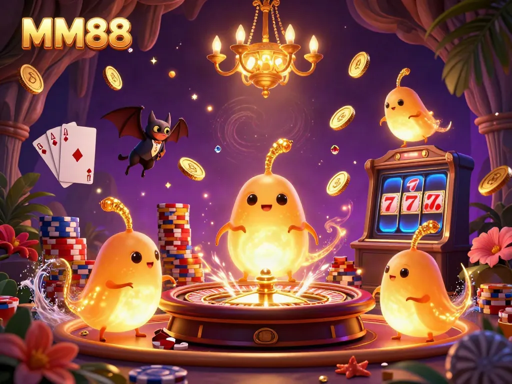 Experience the excitement at MM88 Casino with vibrant 3D glowworms, golden coins, and a bat dealer.
