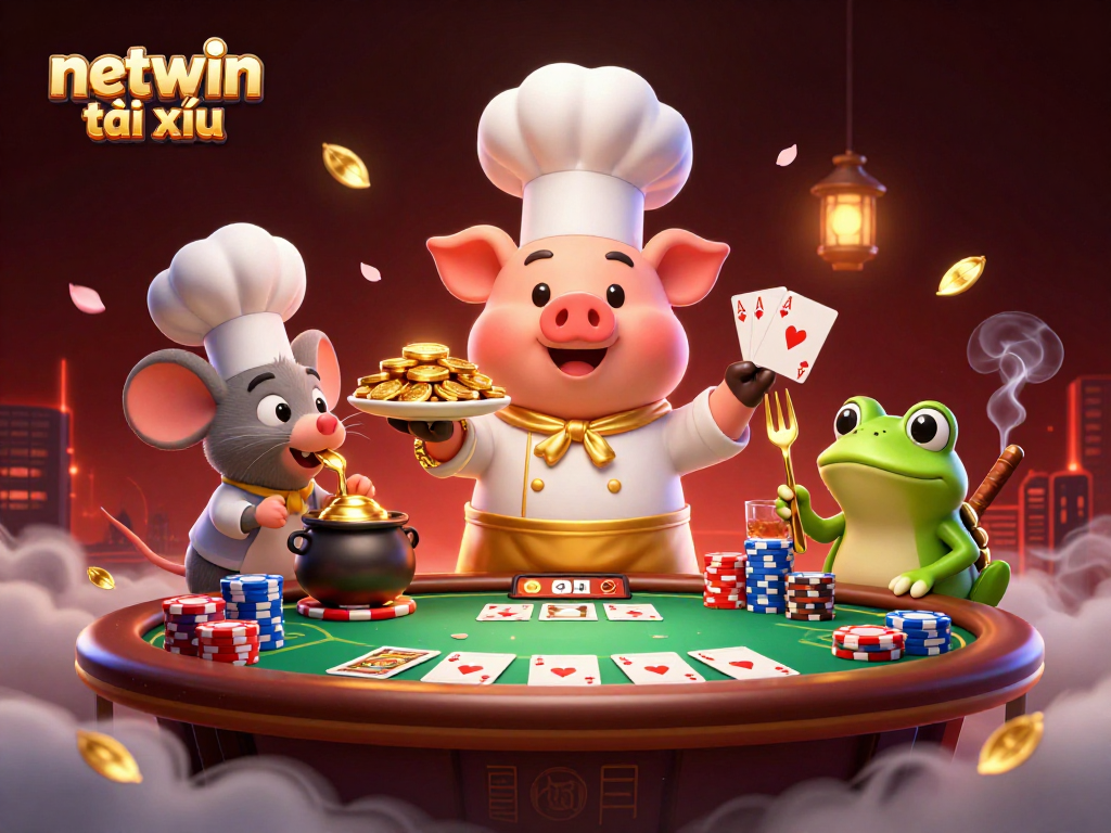 Experience netwin tài xỉu with dynamic 3D characters and vibrant casino elements in this promotional illustration.