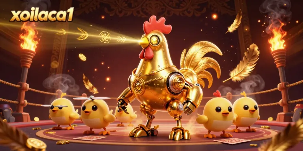 Engage with xoilaca1's futuristic sports betting scene featuring a golden rooster robot and baby chick drones.