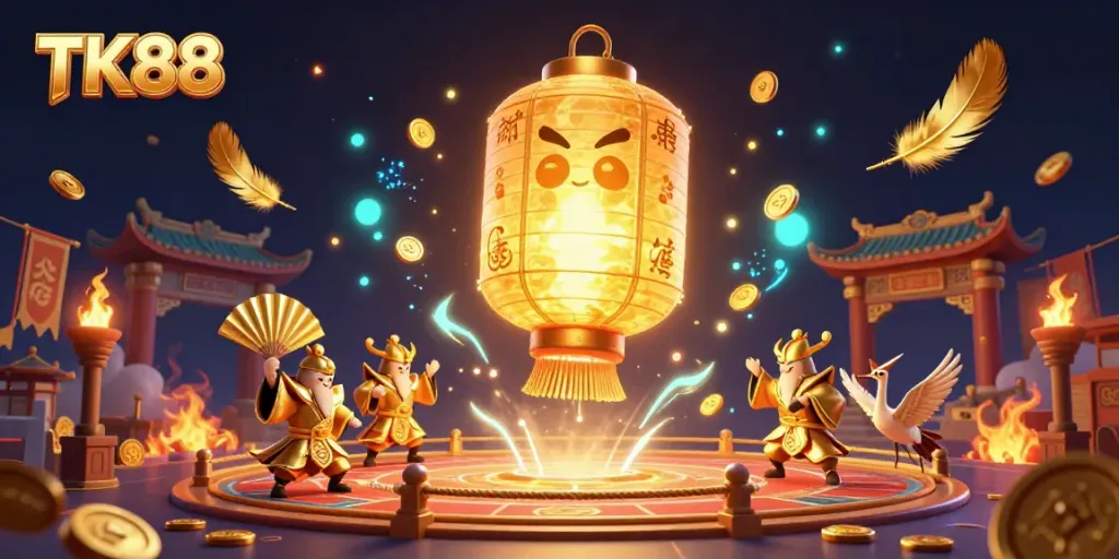 Experience TK88's exciting casino adventure with golden lantern spirits and vibrant gaming elements.