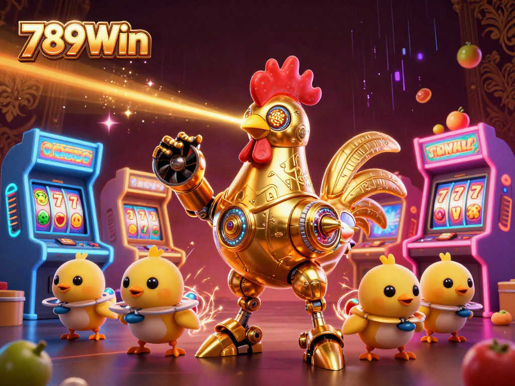 Engage with 789Win's thrilling casino experience featuring golden rooster robot and arcade game elements.