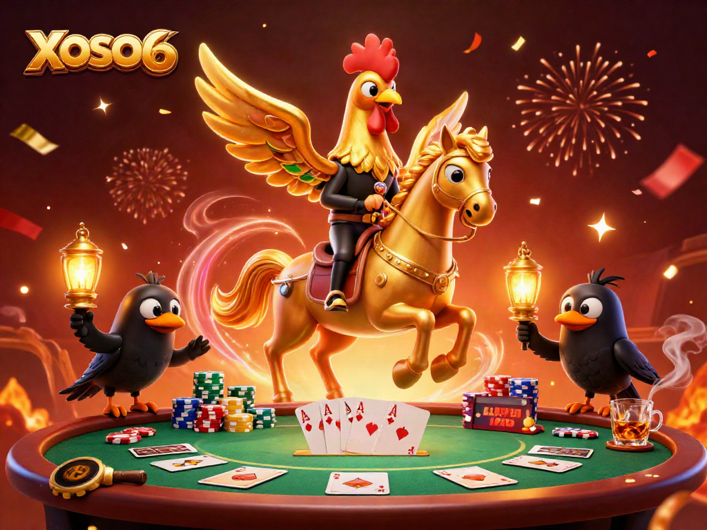 Experience XOSO66 excitement in a vibrant casino scene filled with golden rooster characters and dynamic games.