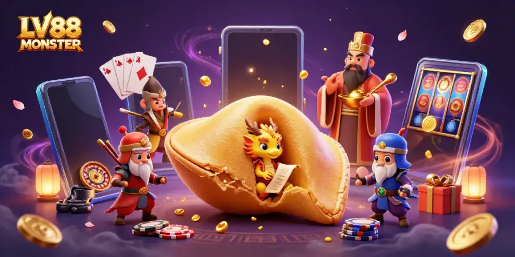 Engage in exciting gameplay at LV88 MONSTER featuring dynamic characters, gold elements, and vibrant casino items.