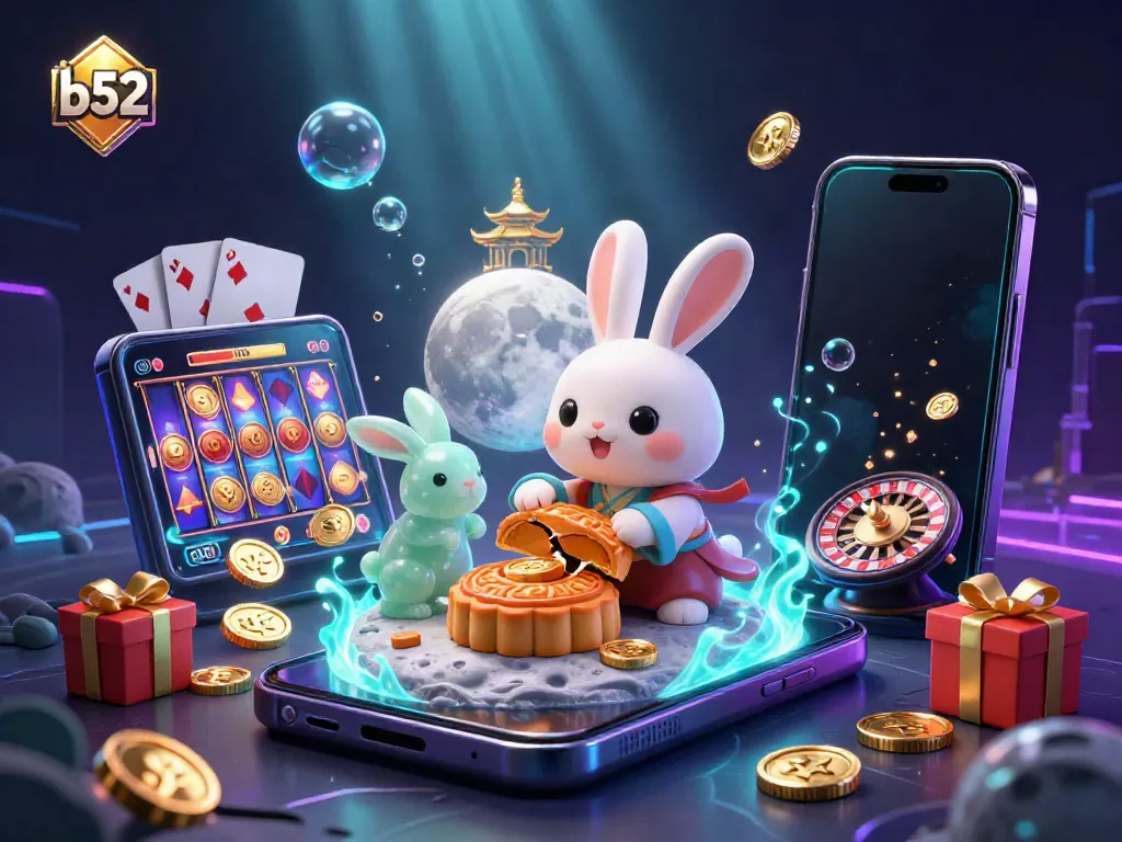 Engage in exciting gameplay with b52 in a rich moonlit casino scene featuring rabbits, poker chips, and slot games.