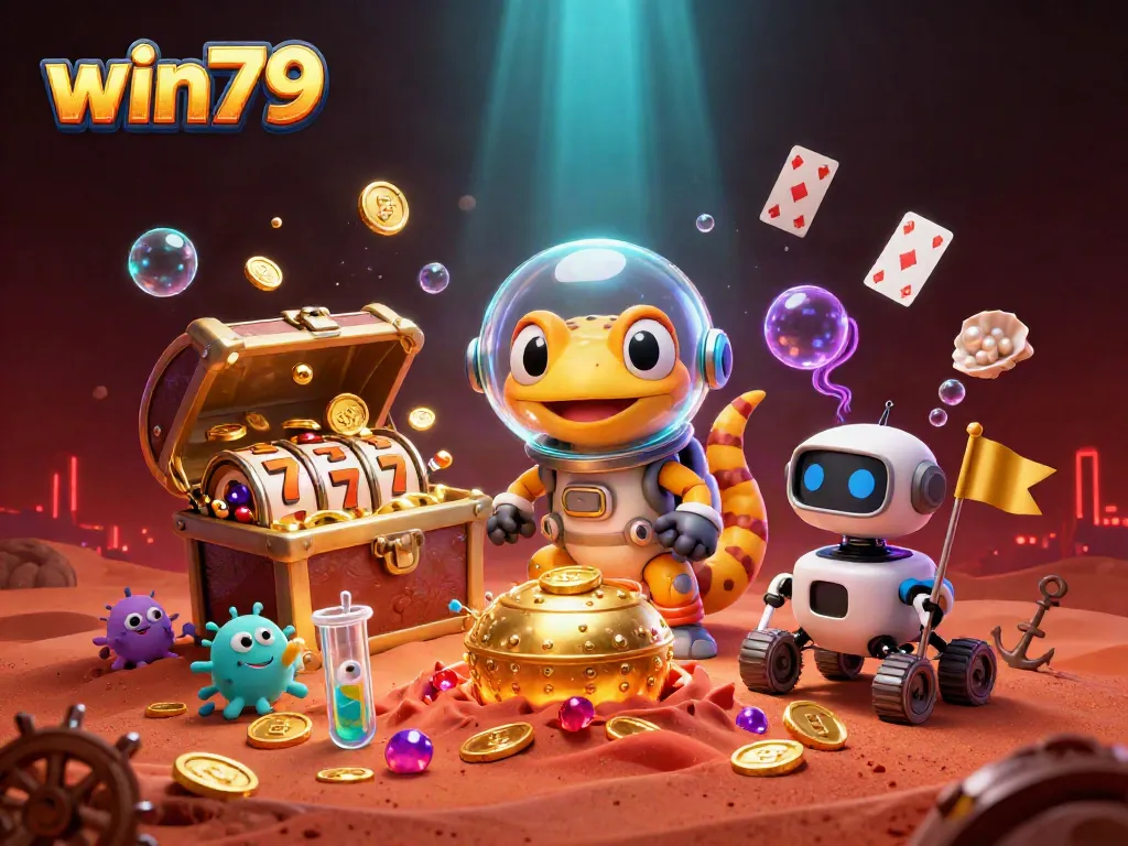 Experience excitement with win79 featuring a Martian gecko discovering a vibrant casino amidst treasures.