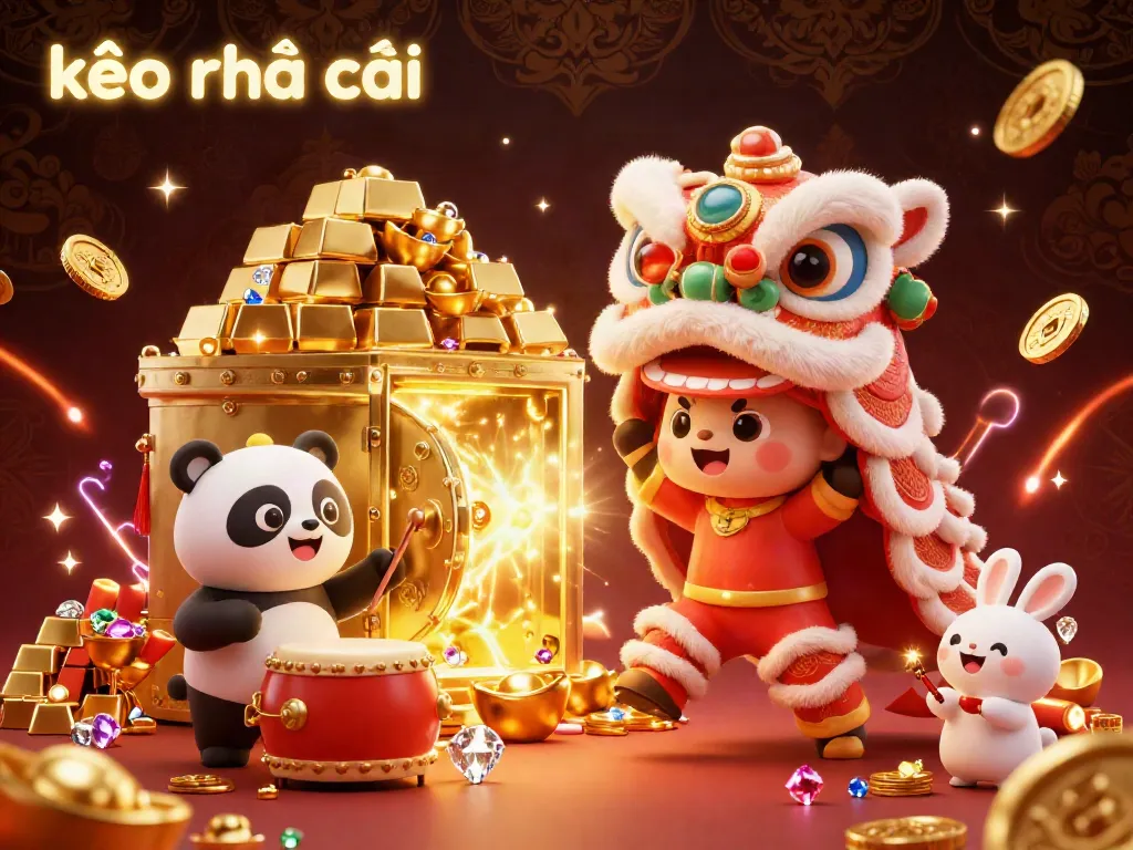 Experience the excitement of kèo nhà cái with a vibrant festival scene, featuring lion dance characters, treasures, and jewels.