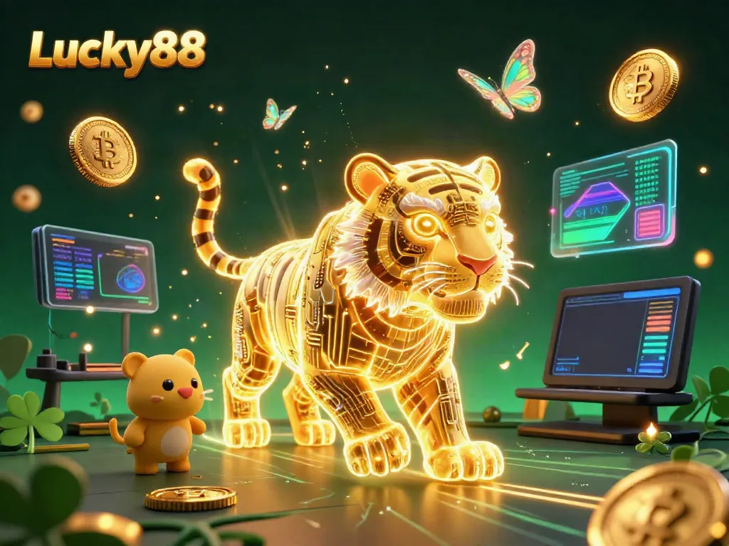 Immerse in Lucky88's vibrant digital casino landscape with a glowing tiger and crypto elements.