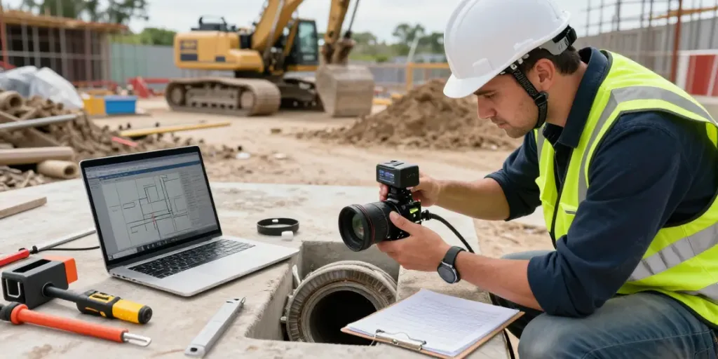 Drainage Mapping London professionalism illustrated by a technician conducting a CCTV survey of sewer pipes.