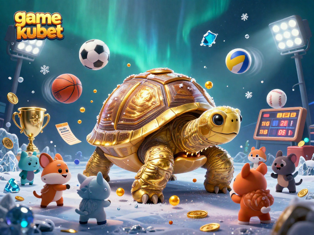Experience the excitement of game kubet with an animated illustration featuring a playful tortoise and vibrant gambling elements.