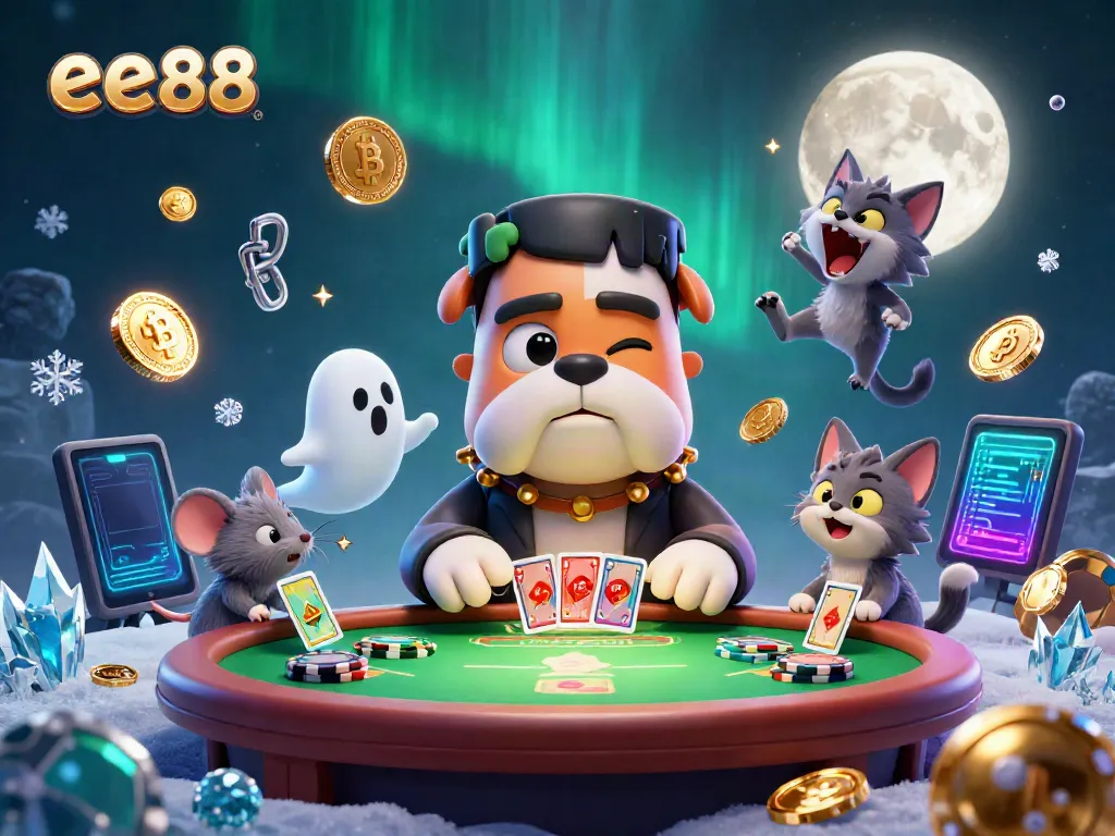ee88 deals cards in a 3D cartoon casino scene with a bulldog monster and neon crypto coins.