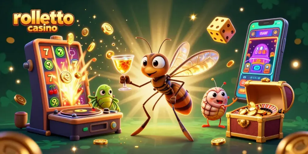 Experience rolletto casino action with a vibrant 3D illustration of a casino scene bursting with excitement.