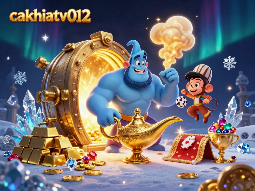 Cakhiatv012 shows a cartoon genie emerging from a lamp with a magic carpet and treasure for gamblers.