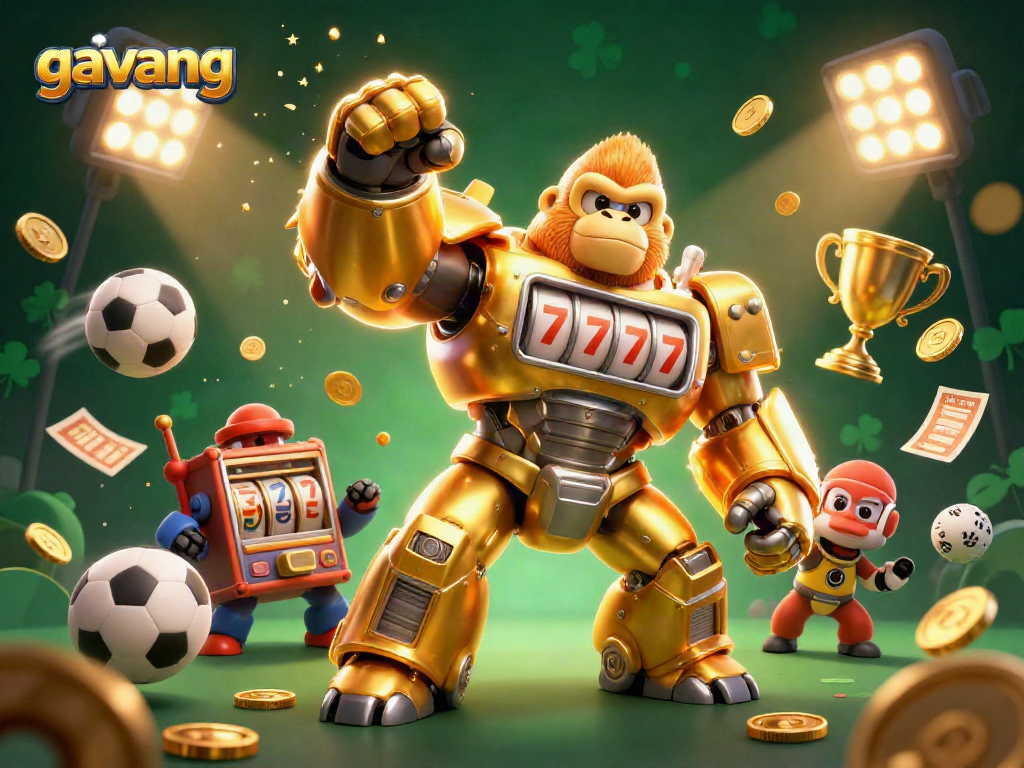 Engage with gavang as the golden gorilla mech powers up in a vibrant casino-themed sports scene.