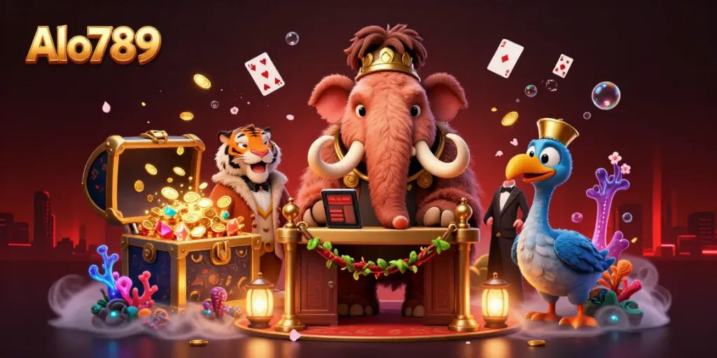 Alo789's glamorous casino scene with a mammoth bouncer and VIP guests enjoying an immersive gambling experience.