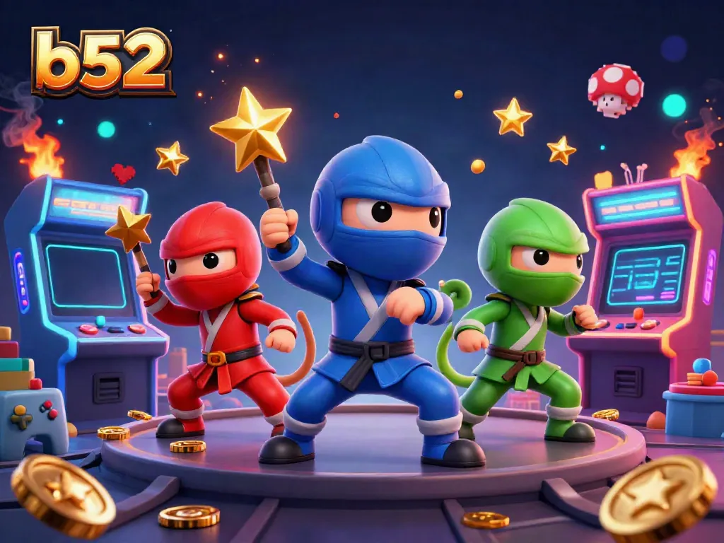 Experience the vibrant energy of B52 with dynamic chameleon ninjas amidst colorful casino-inspired arcade elements
