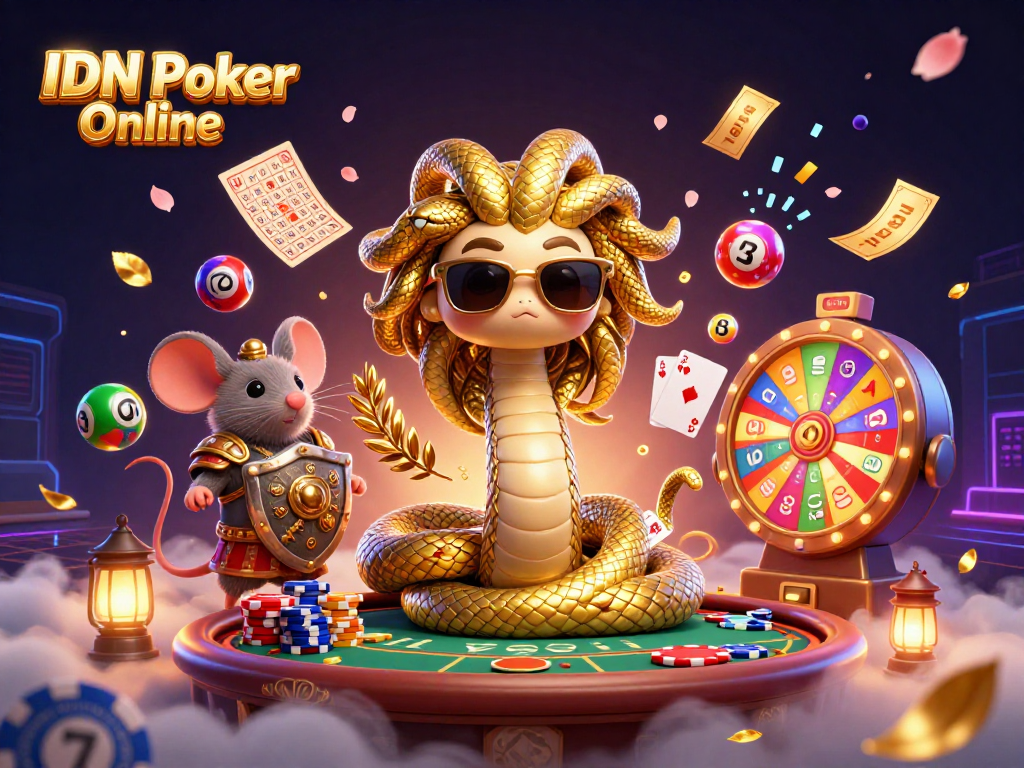 Experience IDN Poker Online with vibrant characters interacting amidst dynamic casino elements in an engaging 3D scene.