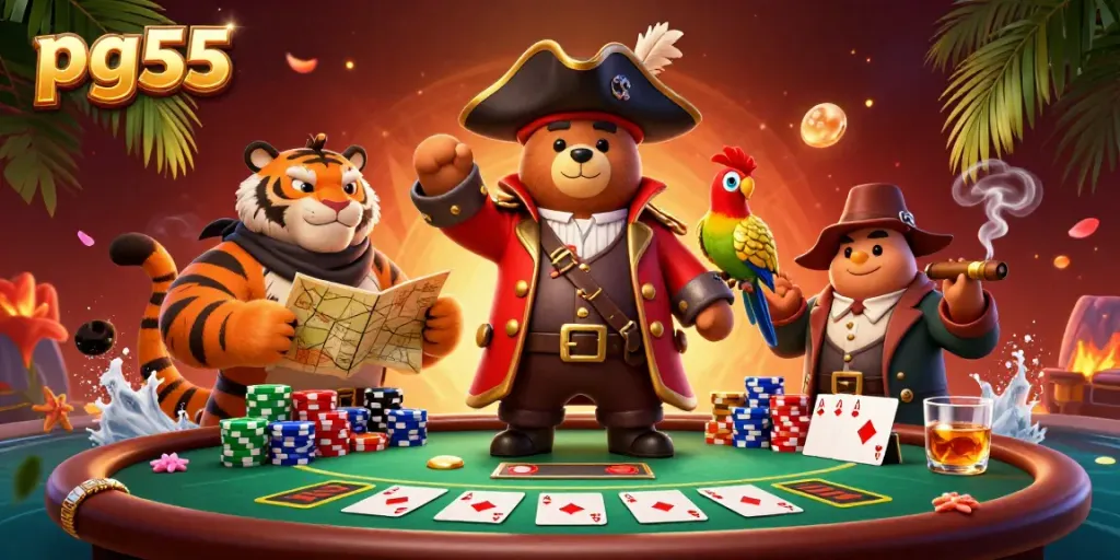 Play exciting games at pg55 with vibrant visuals, poker elements, and animated characters.