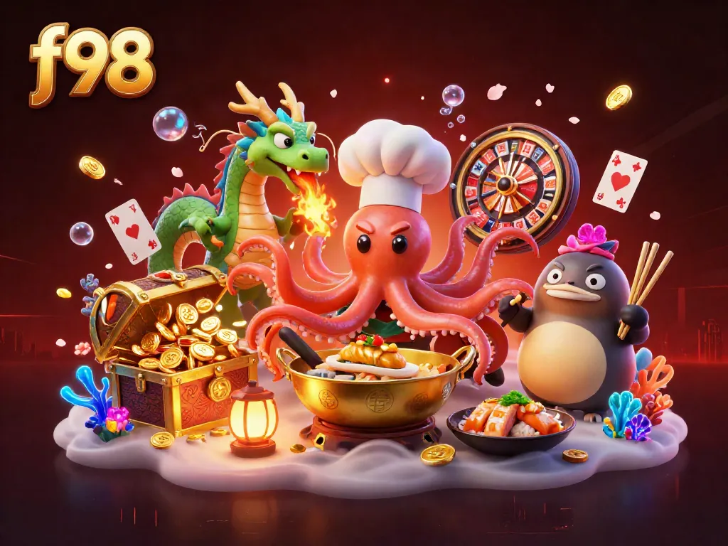 Engage in fun at f98 with a whimsical illustration of casino gaming and vibrant characters.