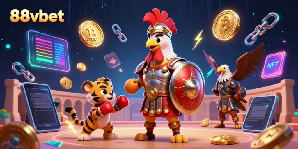 Experience adrenaline at 88vbet with a gladiator rooster and tiger cub in a vibrant colosseum scene.