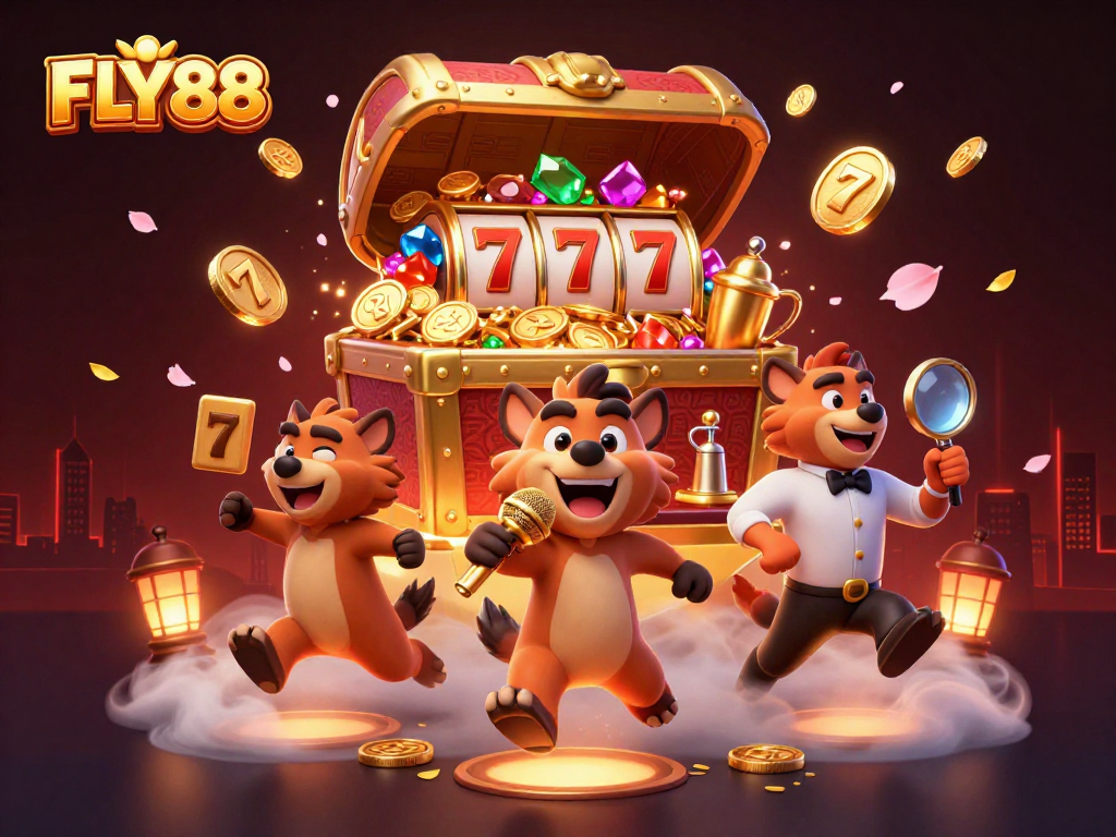 Experience the lively atmosphere of FLY88 with cartoon hyenas in a comedy casino scene.