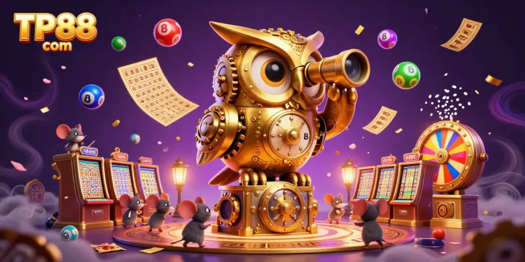 Experience the vibrant world of TP88 com with a bustling casino scene featuring a golden owl, lively characters, and dynamic game elements.