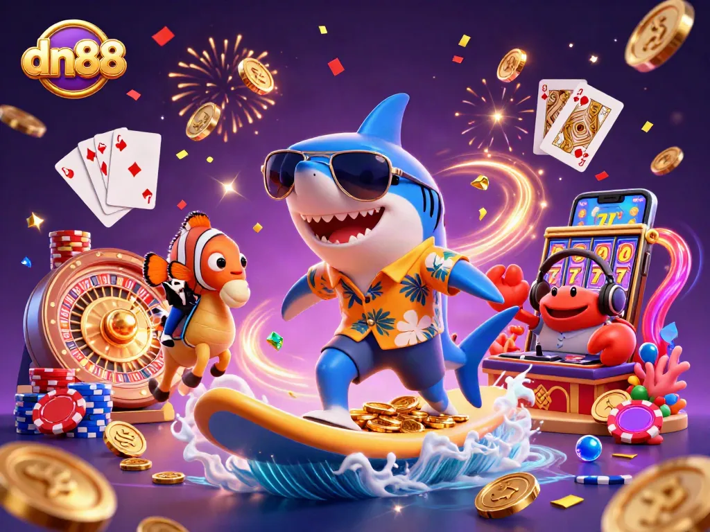 Engage in exciting gameplay with dn88, featuring a colorful 3D scene of a shark surfing coins surrounded by casino elements.