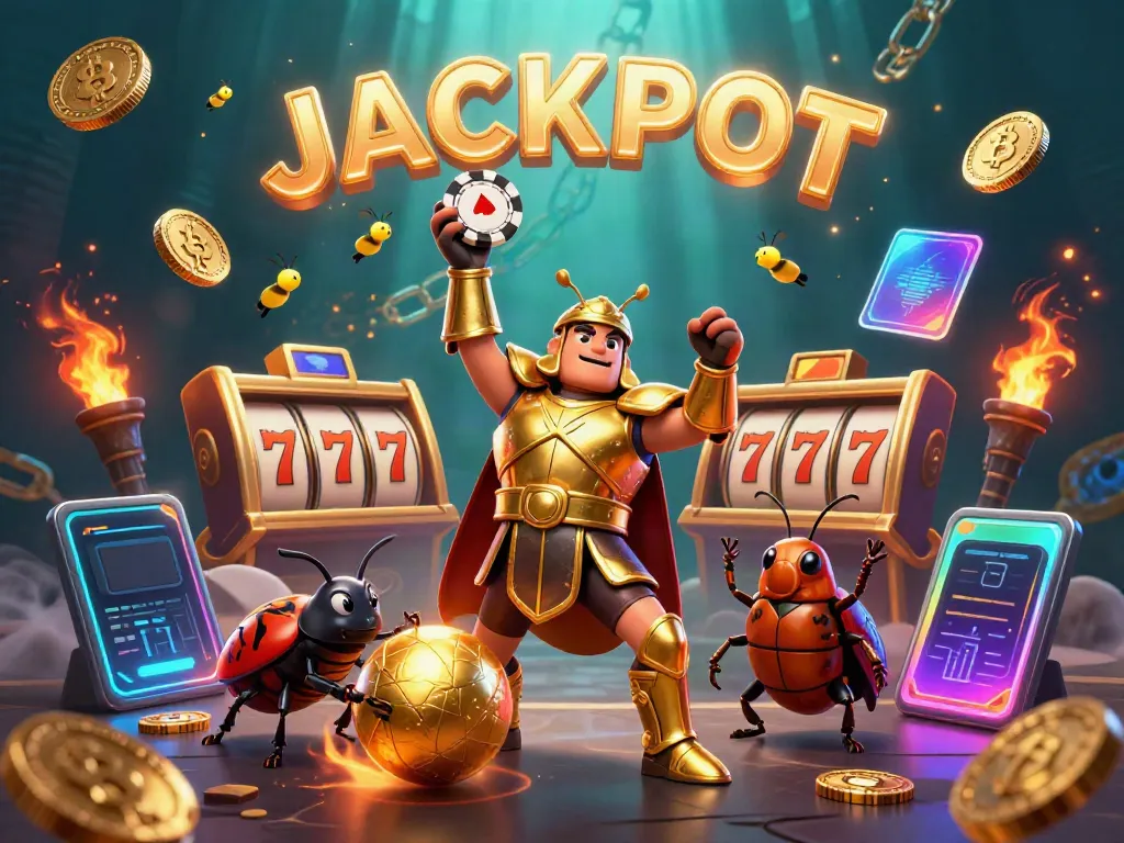 Engaging cartoon scene of a 3D hercules beetle and dung beetle celebrating 8S jackpot wins in a casino.