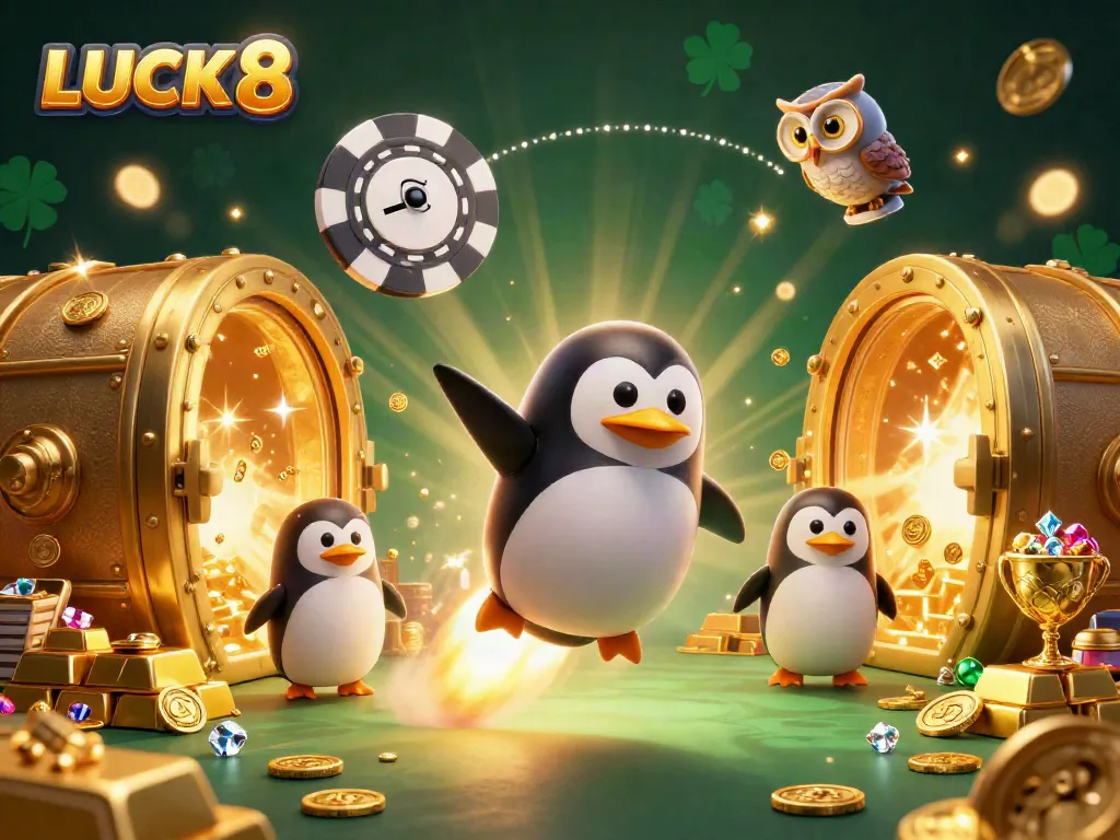 Experience the thrills of LUCK 8 with cartoon penguins and gold treasures in this vibrant casino illustration.