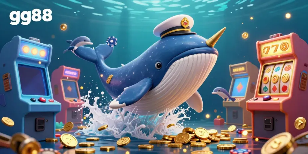 Experience the thrill of winning with gg88 as the whale, narwhal, and dolphins dive amidst coins and game elements.