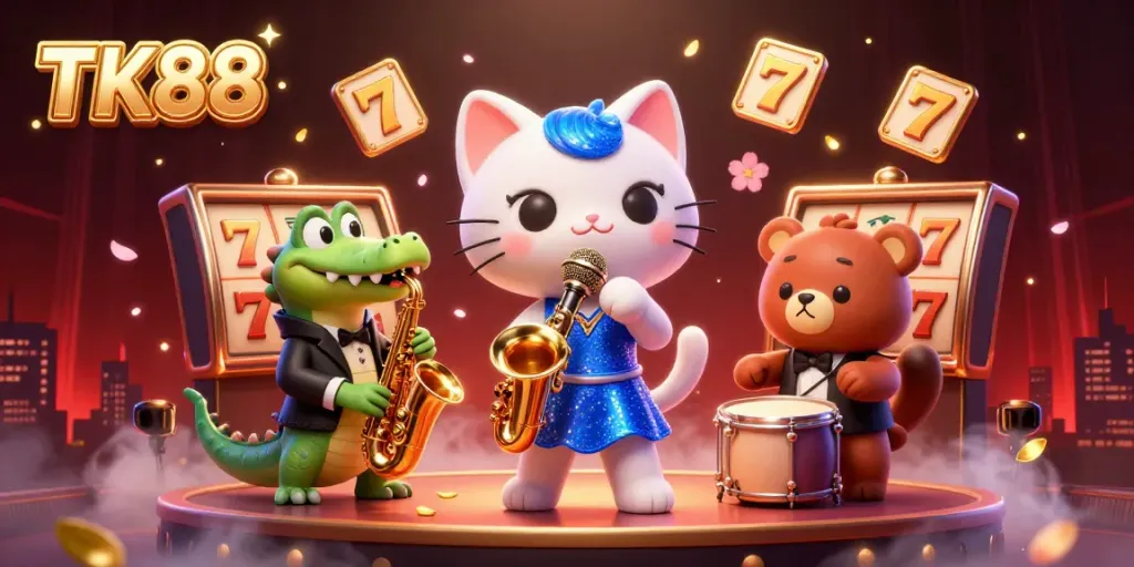 Engage with TK88's vibrant casino atmosphere featuring a jazz-singer cat, crocodile, and bear cub orchestra.