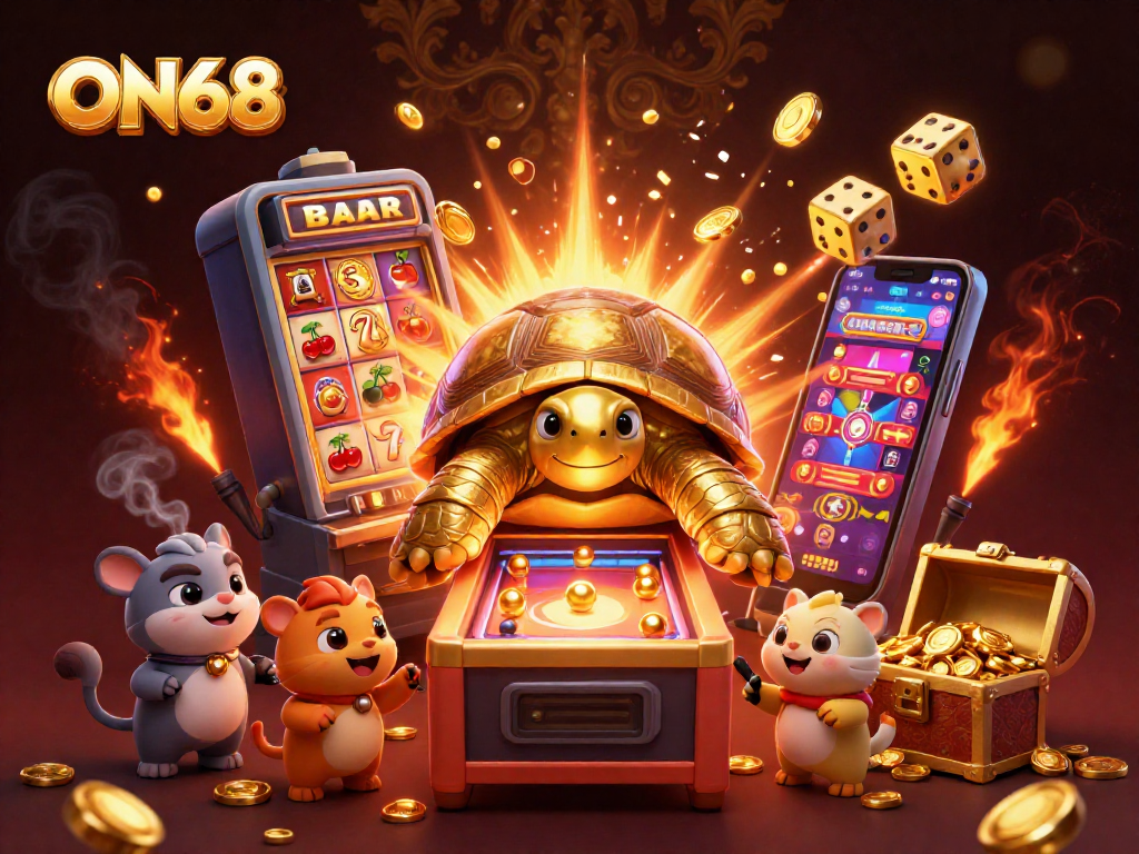 Experience the thrills at ON68 with a vibrant 3D illustration showcasing exciting casino games.
